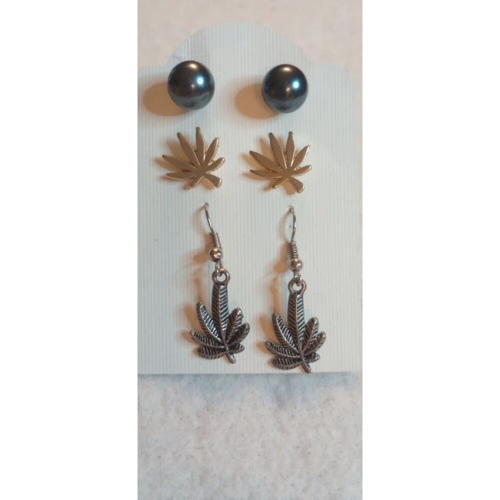 Marijuana Leaf Earrings – 3 Pair Set – Weed Pot Cannabis Dangle & Studs